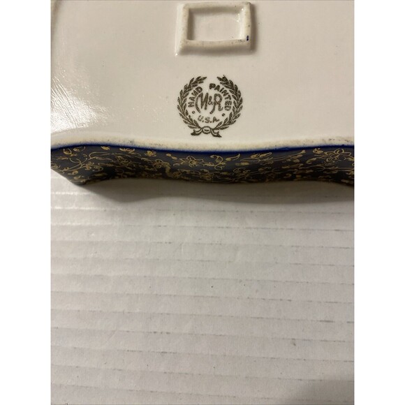 VTG Hand Painted Trinket Box & Tray By M&R . Navy & Gold. Victorian Design - Picture 7 of 7